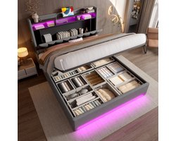 140 x 200 cm Gewatteerd Bedframe met LED-verlichting, USB Type-C Opladen en Opbergruimte Onder het Bed, Hoofdeinde met Opbergruimte, Bedframe met Hydraulische Opbergruimte, Grijs, Zonder Matras