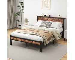 140 x 200 cm metalen frame met opbergbaar hoofdbord, eenpersoons metalen platformbedframe, geruisloos, metalen onderstel, geen boxspring nodig, vintage bruin