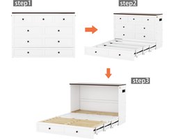 140 x 200 cm - verplaatsbaar muurkastbed - met opbergruimte - met USB en stopcontacten - zonder matras - wit