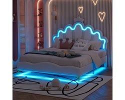 140 x 200cm tweepersoonsbed - kroonvormig prinsessenbed - PU-lederen bekleding - verstelbare LED-sfeerlichtstrip - wit - zonder matras