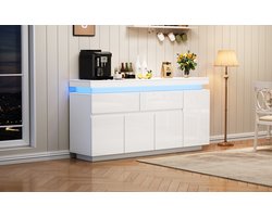 140 x 35 x 72,5 cm woonkamerkast, bijzettafel, kaptafel, bijzettafel met twee lades, hoogglans ladekast, ladekast met vijf lades, opbergkast met vier deuren, LED-vloerkast, wit
