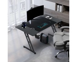 140 x 60 cm, Gamingtafel, stabiele computertafel, pc-tafel, zwart, met bekerhouder en koolstofvezelcoating, 2 openingen voor kabel, gamertafel, gamingtafel, bureau, zonder led