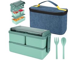 1400 ml Lunchbox met 3 compartimenten - 2-laags Lekvrije Bento-doos met Geïsoleerde Tas en Bestek, Geschikt voor Volwassenen, Kinderen, Studenten en Kantoor