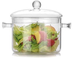 1400ml Glazen Pan - Glazen Pan met Deksel voor Koken - Hittebestendige Transparante Glazen Pan met Dubbele Handgreep - Glazen Soep Pan voor Groenten, Soep, Pasta