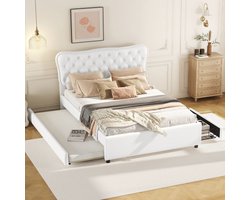 140*200 cm (90*190 cm) gestoffeerd bed, tweepersoonsbed, platformbed, gestoffeerd bed met onderschuifbed en twee laden, PU, ​​wit