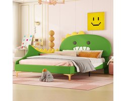 140*200 cm kinderbed, cartoon dinosaurusvorm, vlak bed, PU-materiaal, groen 140*200 cm kinderbed, cartoon dinosaurusvorm, vlak bed, PU-materiaal, groen