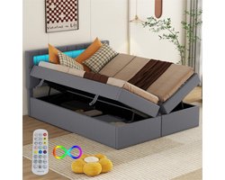 140*200cm plat bed, op afstand bedienbaar sfeerlicht aan het hoofdeinde van het bed, beide zijden van het bed kunnen geopend worden, grote opbergruimte, grijs