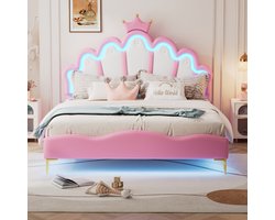 140*200cm plat tweepersoonsbed, kroonvormig prinsessenbed, zachte PU-lederen vulling, verstelbare LED-sfeerlichtstrip, roze