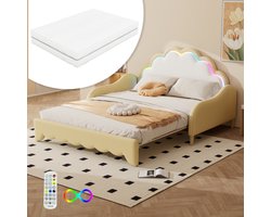 140*200cm slaapbank, om te bouwen tot plat bed, hoofdeinde met sfeerlicht, compleet met matras, afstandsbediening, geel