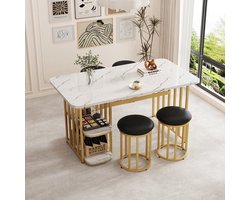 140*80*75cm moderne eettafel,，Eettafel set (met eettafel, 4 stoelen), keuken tafel set met stalen frame, eettafel met opslagruimte, rechthoekige eettafel, eetkamer stoelen, wit en goud