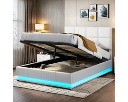 140x190 Opbergbed met Gaslift & LED Verlichting – Wit PU Tweepersoonsbed met Opbergruimte – Bedframe 140x190