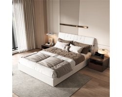 140x190cm Hydraulisch Tweepersoonsbed Met Teddy Stoffering, 2 USB-Poorten, LED-Hoofdbord En Opbergruimte Onder Het Bed, Beige