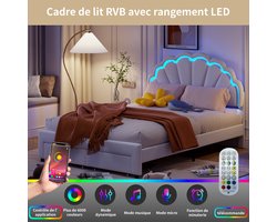 140x200 cm Double bed, upholstered bed, Teen bed, floral bed frame, storage bed with LED and 2 drawers, slatted base, without mattress, velvet, white(Sent in two packages)