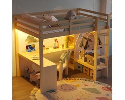 140x200 cm hoogslaper - met multifunctionele boekenkast - bureau onder het bed - met LED-verlichting en USB - houtkleur - zonder matras