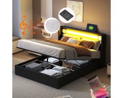 140x200 cm tweepersoonsbed met LED-verlichting - Bluetooth-speler en USB-oplader - PU-leer opbergbed - zwart - zonder matras