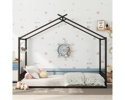 140x200 cm vlak bed - metalen bedframe - kinderbed - huiselijk bedhek - zwart - zonder matras