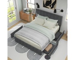 140x200 cm volwassen bed met 4 lades, bed met opbergruimte en in hoogte verstelbaar hoofdbord en vierkante stiksels, linnen stof, grijs
