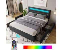 140x200 cm volwassen bed met 4 lades en ledverlichting, bed met opbergruimte en in hoogte verstelbaar hoofdbord, linnen stof, zwart