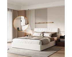 140x200 Opbergbed met Gaslift & Oplaadpunten – Teddy Stof Tweepersoonsbed Crème/Wit met Hoofdbord – Bedframe 140x200