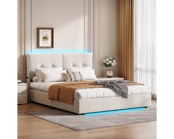 140x200cm Hydraulisch Tweepersoonsbed Met LED Hoofdbord & Voetbord, Opbergruimte Onder Het Bed, Fluwelen Stoffering，Beige