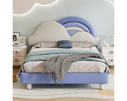 140x200cm tweepersoonsbed, kinderbed, jeugdbed, gestoffeerd bed met gezellig regenboogwolkenhoofdeinde, houten lattenbodem, PU
