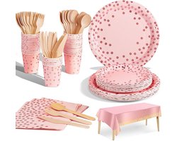 141-delige Roze en Goud Papieren Servies Set voor Feestjes, Bruiloften, Verjaardagen en Babyshowers met Borden, Servetten, Bekers en Bestek