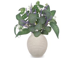 14.5 inch kunstmatige eucalyptus en lavendel arrangement met rustieke vaas, groene bladeren en faux boeket voor tafelcentraal, woonkamer en badkamer decoratie