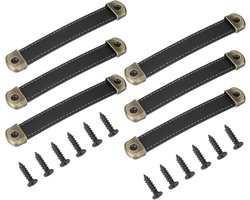 14.5cm Leer Ladehandvaten met IJzeren Plaat - 6 Stuks Leer Band Kofferhandgrepen Kastknoppen Hardware Vervanging met 18mm Schroeven voor Dressoir Deur Koffer Bagage, Zwart