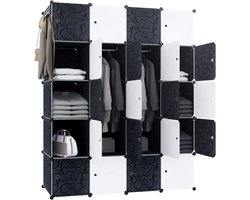 145x37x178cm Zwart Kledingkast Kunststof, Reksysteem Garderobekast met 20 Kubussen & Deur, Draagbare Planksysteem Slaapkamerkast, Combikast voor Kleding/Boeken/Speelgoed, NAIZY
