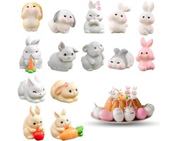 14pcs Schattige Konijn Decoratie - Miniatuur Sculptuur - Paaskonijn - Houten Beeldjes - Decoratieve Hars Konijn voor Thuis - Verjaardagscadeau en Feestbenodigdheden