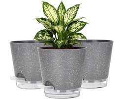 15 cm Grijze Plantenpotten met Stippen - 6 Stuks Plastic Bloempotten met Drainage en Schotels voor Kamerplanten, Balkon en Tuin Decoratie