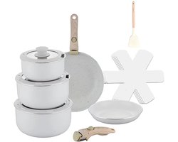 15-delige Luxe Pannenset – Elegant Wit – Ultra Non-stick – Met 2 Afneembare Houten Handgrepen, Panbeschermers & Siliconen Spatel