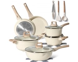 15-delige pannenset antiaanbaklaag in beige graniet - Geschikt voor alle warmtebronnen, inclusief inductie Just Perfecto JL-788