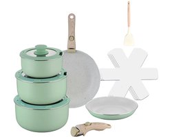 15-delige Pannenset – Zacht Lichtgroen – Ultra Non-stick – 2 Afneembare Houten Handgrepen – Geschikt voor Alle Warmtebronnen