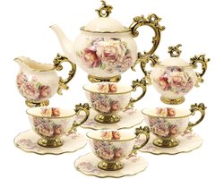 15-delige Porseleinen Theeset - Britse Vintage Theeservies met Theepot, Suikerpot, Melkkan & 6 Koffiekopjes met Schotels - Gouden Afwerking - Bloemenpatroon - Perfect voor Bruiloften en andere Feesten - Luxe Serviesgoed