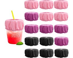 15-delige Scrunchie Set met Drinkdeksels en Rietjesopening, Bescherming voor Drankjes, Ideaal voor Feestjes en Barbecues, Zwart, Roze, Lila