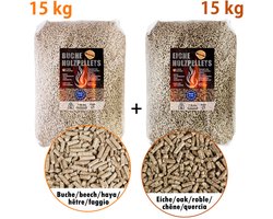 15 kg Eikenhoutpellets + 15 kg Beukenhoutpellets voor Grill, Smoker, Houtoven, Pizzaoven, BBQ, Buitenoven, Grillhout, Houtpellets, Tuin, Roken, Pizza, Houtrook, Accessoires, Rook, Flameup