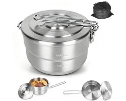1,5 l, campingservies, roestvrijstalen pannen, opvouwbare outdoor kookpanset, campingpan met deksel en inklapbare handgreep, outdoor kookgerei voor picknick, wandelen, vissen