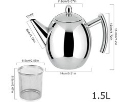 1,5 l roestvrijstalen theepot, theepot met zeef, dubbelwandig, vaatwasmachinebestendig, handgemaakte theepot