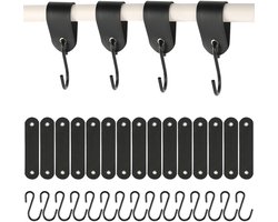 15 stuks haken met leren lus, roestvrijstalen S-haken, zwart, 12,5 x 3 cm, haken om op te hangen, kledinghaken voor garderobe en camping