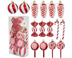 15 stuks - Kerstdecoratieset - Kerstversieringen - Rode en witte glitterversieringen - Inclusief snoep, dennenappels en lolly's - Hangende kerstversieringen met touwtje - Voeg feestelijke sfeer en decoraties toe aan uw kerstboom, huis of feest.