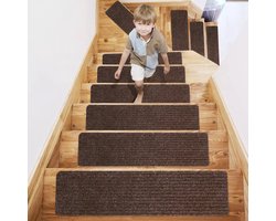 15 stuks Luxe en Trendy Trapmatten voor binnen - Stijlvol Design-Zelfklevend en Antislip-donkerbruin 75.5x20CM