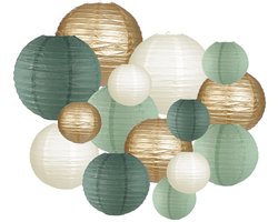 15 stuks papieren lantaarn - saliegroen papieren lampion - klassiek hangende papieren lantaarns - herbruikbaar - ronde lampenkap voor huisdecoratie, feesten, bruiloft en festivals