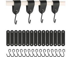 15 stuks roestvrijstalen S-haken met leren lus zwart 125 x 3 cm - ideaal voor ophangen van kleding in garderobe en op camping