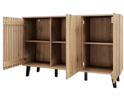 150 × 40 × 95 cm Opbergkast – Sideboard met 3 Deuren en 6 Vakken – Natuurhoutkleur met Zwarte Poten – Geschikt voor Woonkamer, Slaapkamer, Kantoor of Hal