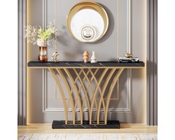 150 cm Gouden Consoletafel, Moderne Entreetafel met Lattice Metalen Onderstel, Voor Hal, Gang en Woonkamer (Zwart Marmerlook & Goud)