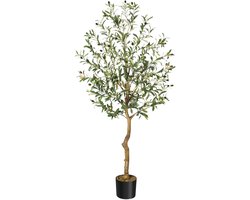 150 cm hoge natuurgetrouwe kunst‑olijfboom in pot, verstelbare takjes, levensechte bladeren en vruchten, decoratieve nep‑boom voor woonkamer, kantoor en terras binnenshuis