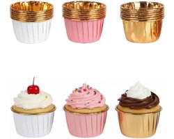 150 Stuks Folie Bakcups, Tulp Muffin Vormen voor Bakken, Mini Broodjes Bakvormen, Elegant Goud Roze Goud Bakcups