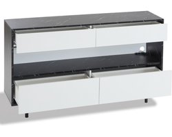 150 x 35 x 89,5 cm dressoir in marmerdesign met open opbergruimte, 4 lades en ledverlichting, metalen frame en kantelbeveiliging, opbergmeubel voor keuken, woonkamer