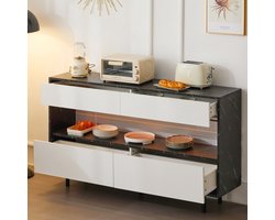 150 x 35 x 89,5 cm dressoir in zwart marmer design met open opbergruimte, 4 lades en LED-verlichting, stevig metalen frame en anti-kantelvoorziening, elegant opbergmeubel voor de keuken, woonkamer
